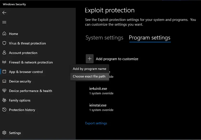Windows exploit protection exclusion list