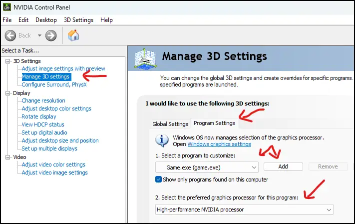 Nvidia control panel program override